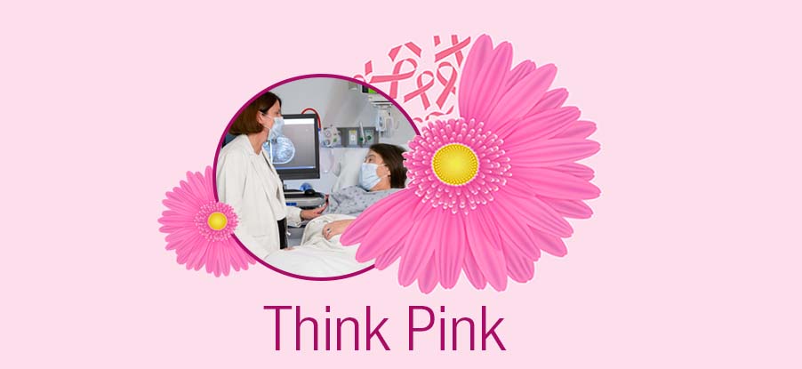 A female physician in a white coat at the bedside or a female patient in a medical gown in a circle frame surrounded by bright pink flowers and breast cancer awareness ribbons above the words "Think Pink"