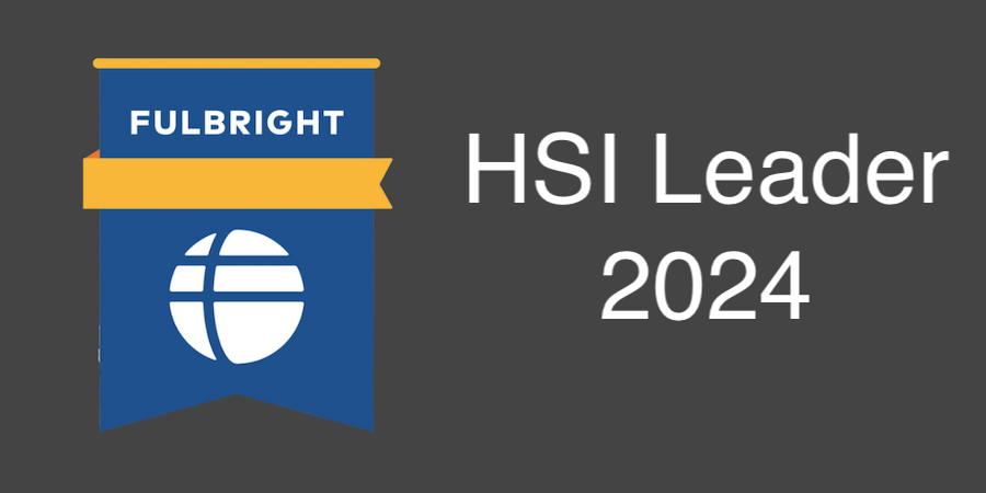 Graphic featuring a blue Fulbright banner with a globe icon and the text ‘HSI Leader 2024’ on a dark background.