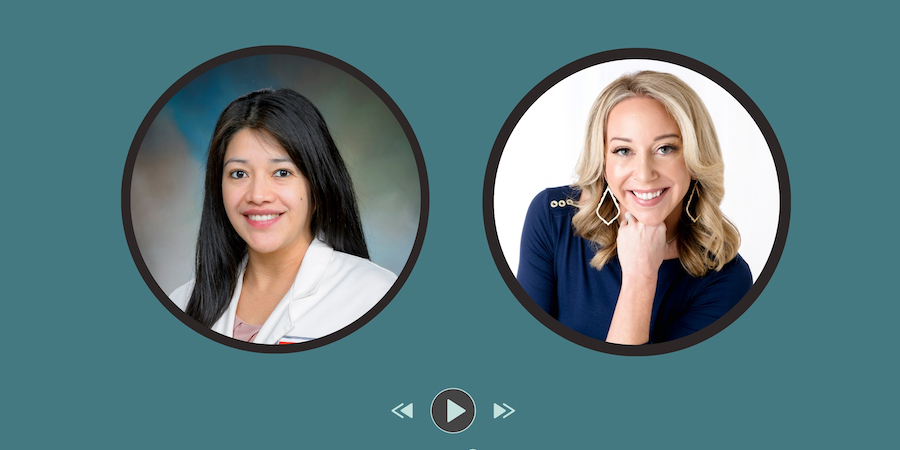 headshot image of utmb pediatric surgeon dr. Maria Carmen mora alongside a headshot of meagan clanahan from houston moms, both featured in round frames above a standard play button on a dark teal background