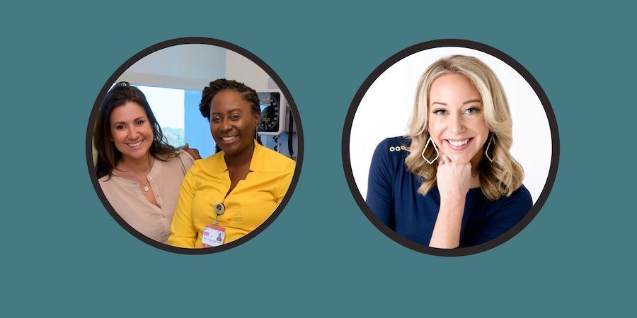 Dark teal banner with two circular photo frames featuring headshots of three women