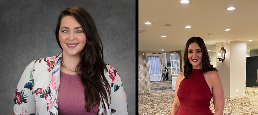 Side-by-side images show the same adult at two different times, wearing different outfits in indoor settings, illustrating a visible physical change over time