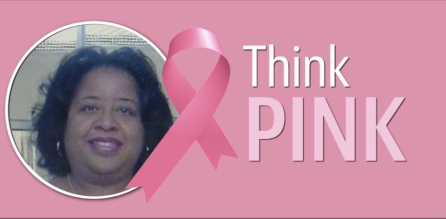 graphic image of featuring a circle frame with headshot of UTMB Breast Health patient Matilda Pettis. The banner features the words "Think Pink" which is the name of a publication in which Matilda's story was featured