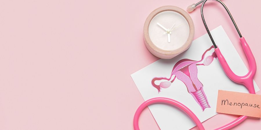 graphic of clock, pink illustration of uterus and fallopian tubes and pink stethoscope with the word menopause written on a sheet of paper