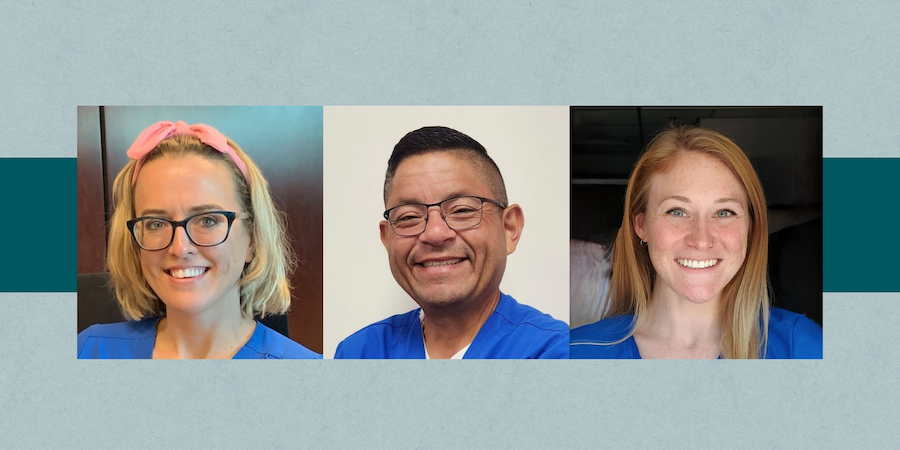 image of 3 PT team members, photographed from the shoulders up wearing blue top scrubs. From left to right they are a blond female wearing a pink headband and black-rimmed glasses, a black-haired male, wearing black-rimmed glasses & a redheaded woman.