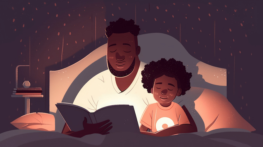 illustration of black father - drawn dressed in a white t-shirt holding a book - with child reading a bedtime story.