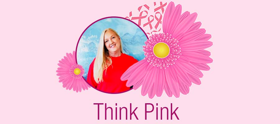 A woman with long blonde hair in a circular frame surrounded by bright pink flowers and breast cancer awareness ribbons with the words "Think Pink" underneath