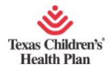 Texas Children’s Health Plan logo featuring a red abstract smiling face icon above the organization name in dark text on a light background.