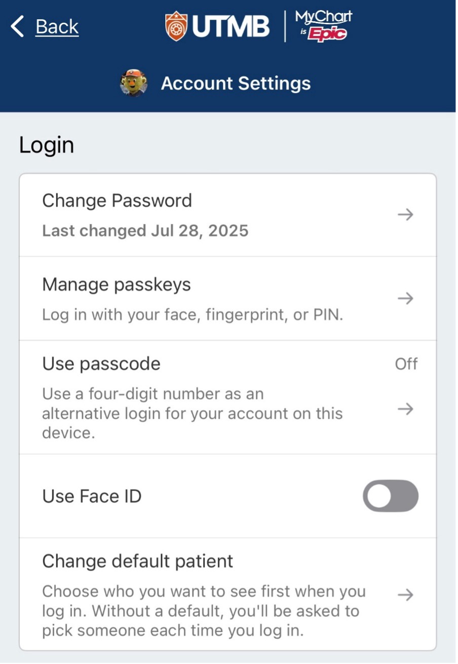 Screenshot of MyChart account settings