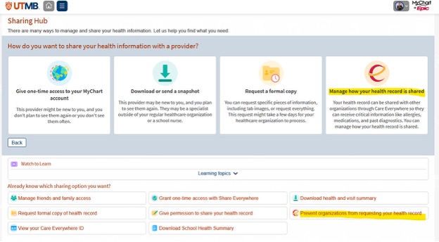 Screenshot of MyChart's sharing hub