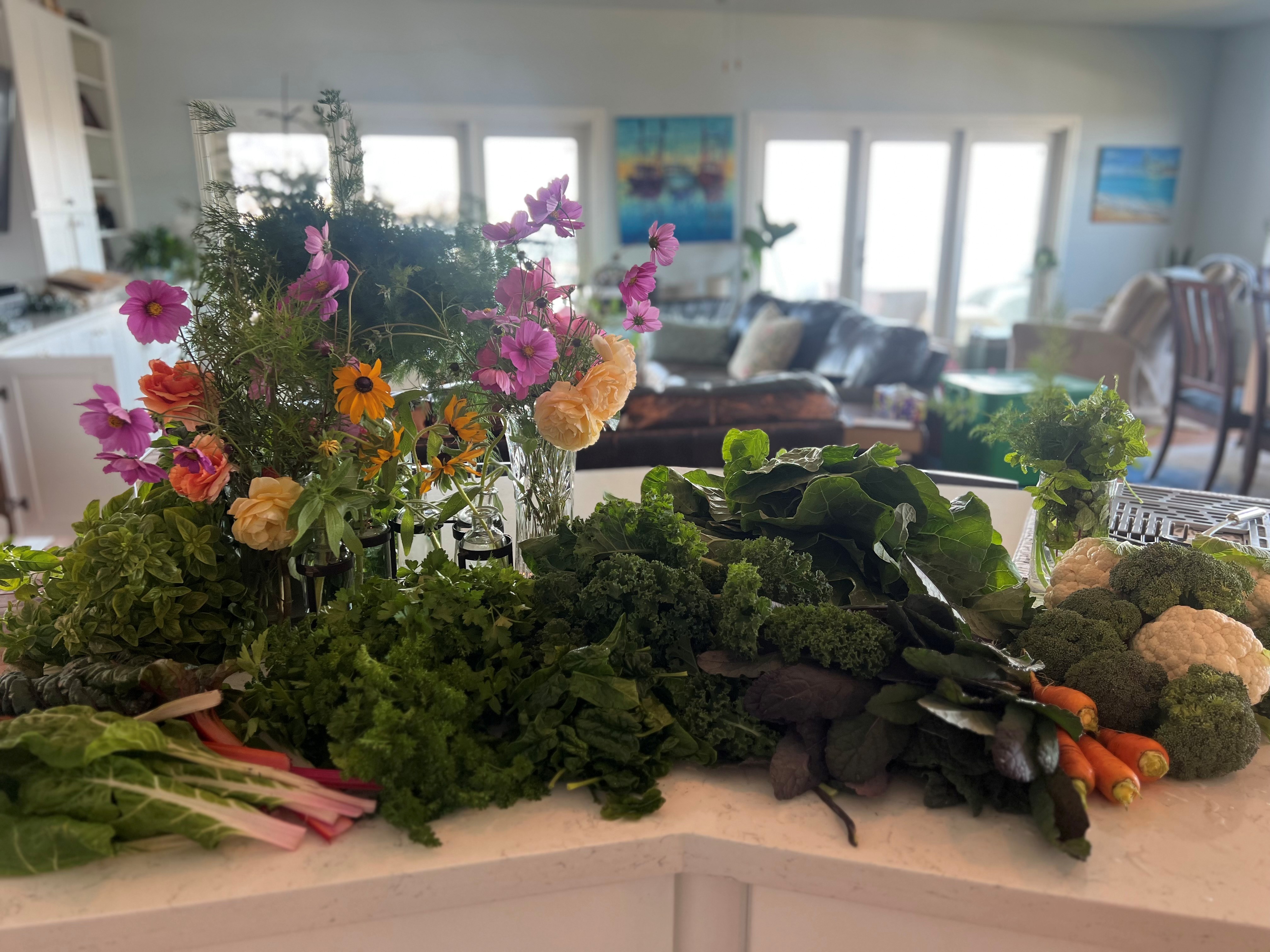 Fresh Food and Flowers Collected from the Garden