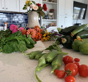 Garden-veggie haul on kitchen counter