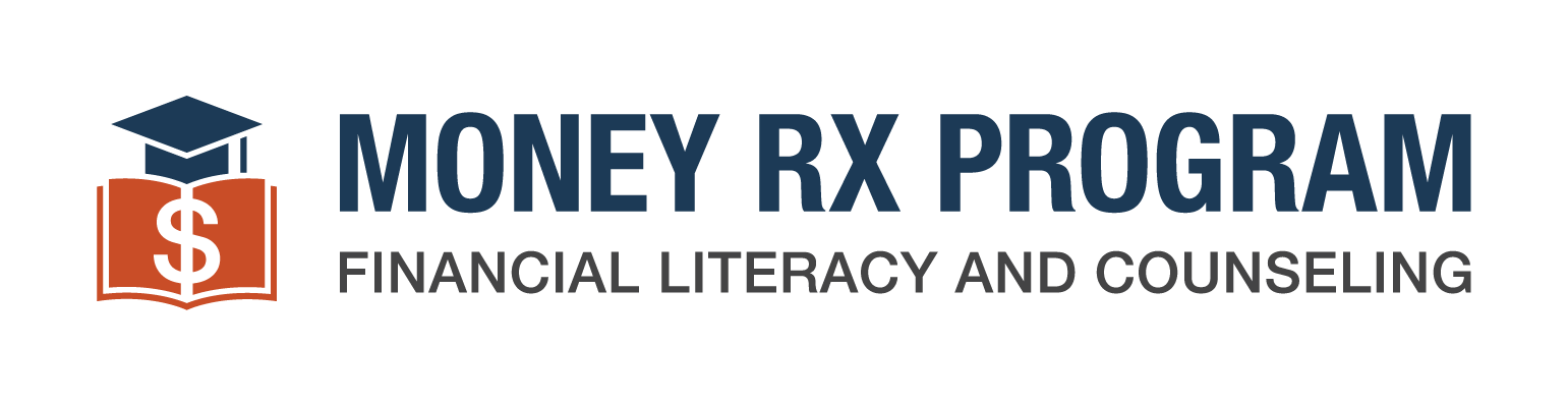 Money RX Program logo featuring a book with a dollar sign, graduation cap, and the text “Money RX Program – Financial Literacy and Counseling.”