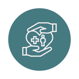 White line icon of a hand holding a heart with a medical cross and a person symbol inside, on a teal circular background