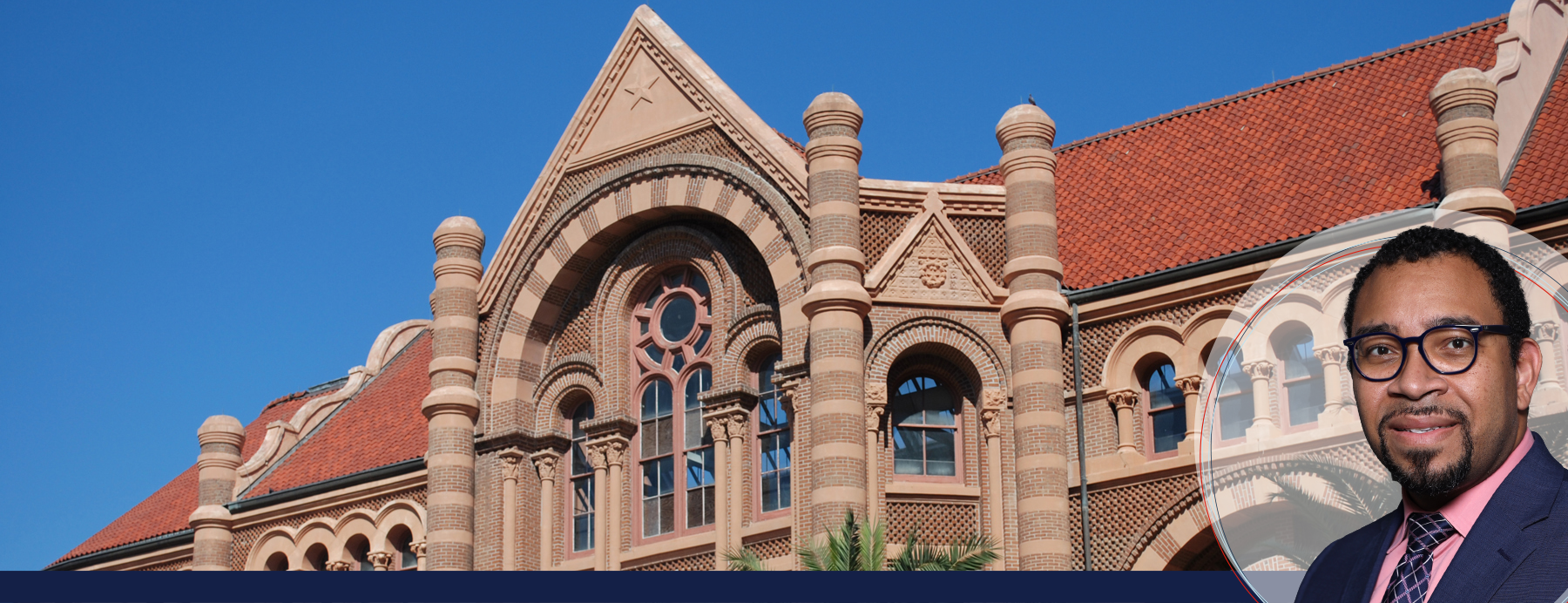 Photo of the Chair of Family Medicine & Community Health Kendall M. Campbell, MD, FAAFP with UTMB Health Old Red Building in the background