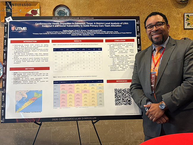 Photo of UTMB Health Family Medicine & Community Health Department Chair, Kendall M. Campbell, MD in front of poster presented at the AHA & Cardiovascular Symposium 2026