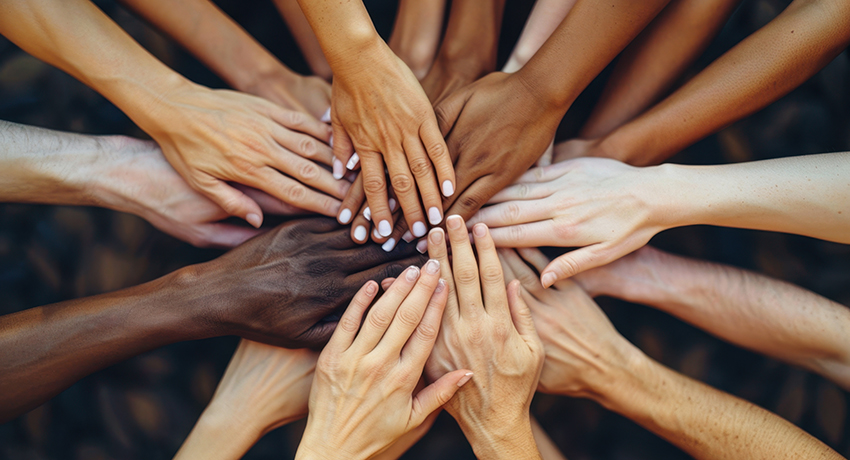 Photo of the hands for several people coming together for pivotal cause