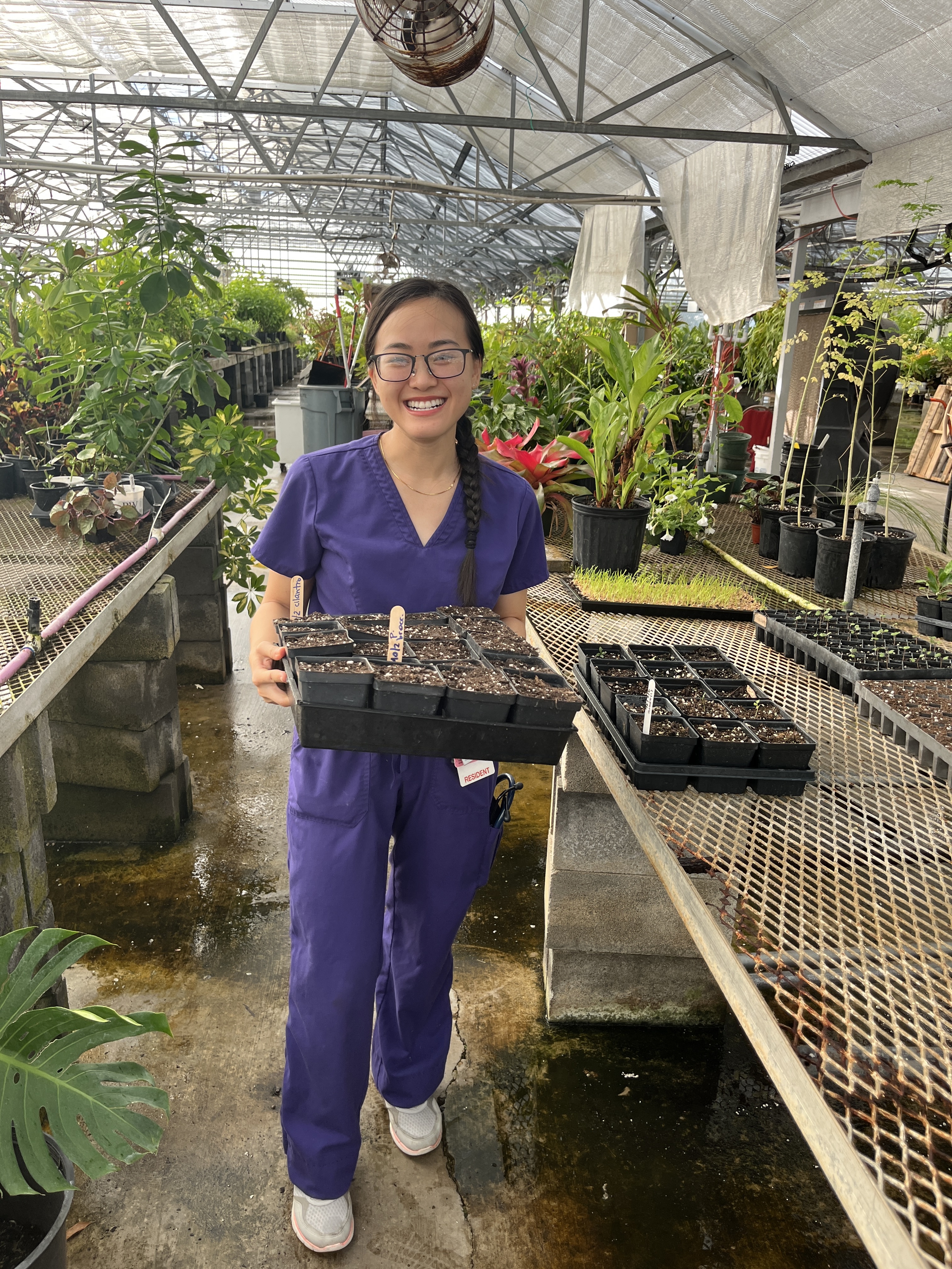 Photo of PGY-1 resident Ivy Nguyen volunteering at the Moody Gardens Greenhouse
