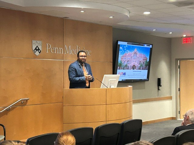 Photo of Kendall M. Campbell, Chair of UTMB Health's Family Medicine & Community Health giving a grand rounds lecture at the University of Pennsylvania