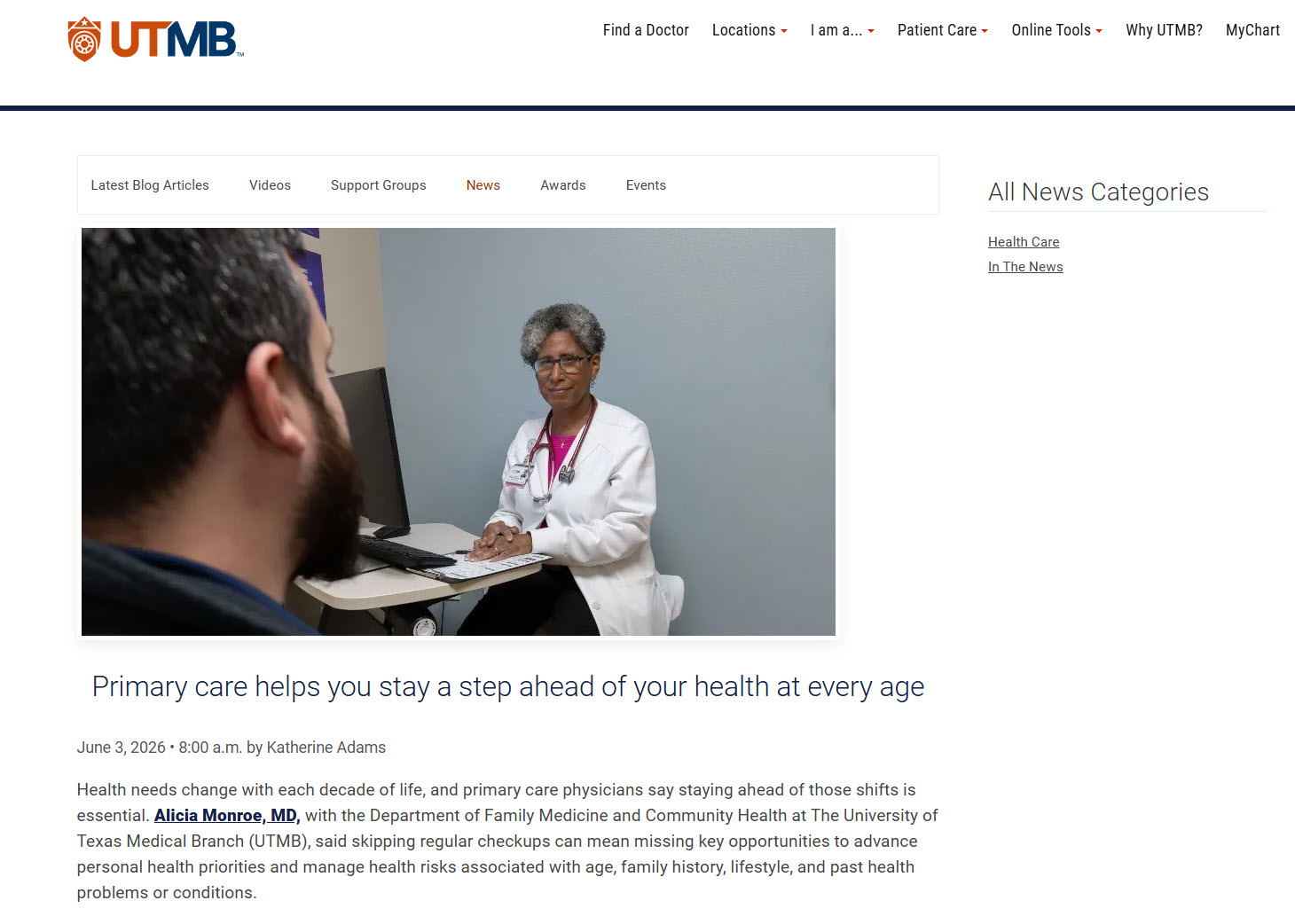 Photo of Dr. Alicia Monroe's feature article on Primary Care on UTMBHealth.com website