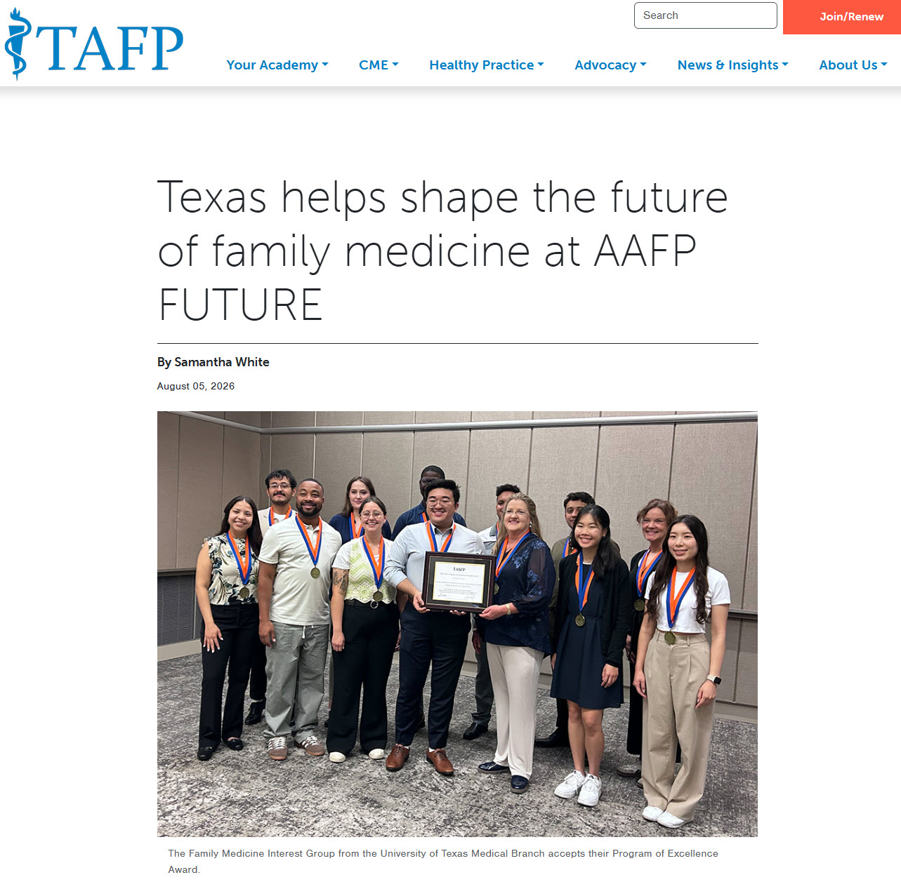 Photo of Cover of TAFP Newsletter recognizing UTMB Health Family Medicine Interest Group