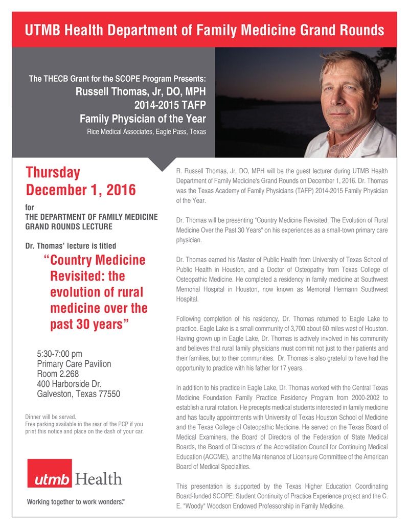 Russell Thomas, Jr, DO, MPH will present a grand rounds lecture on December 1st