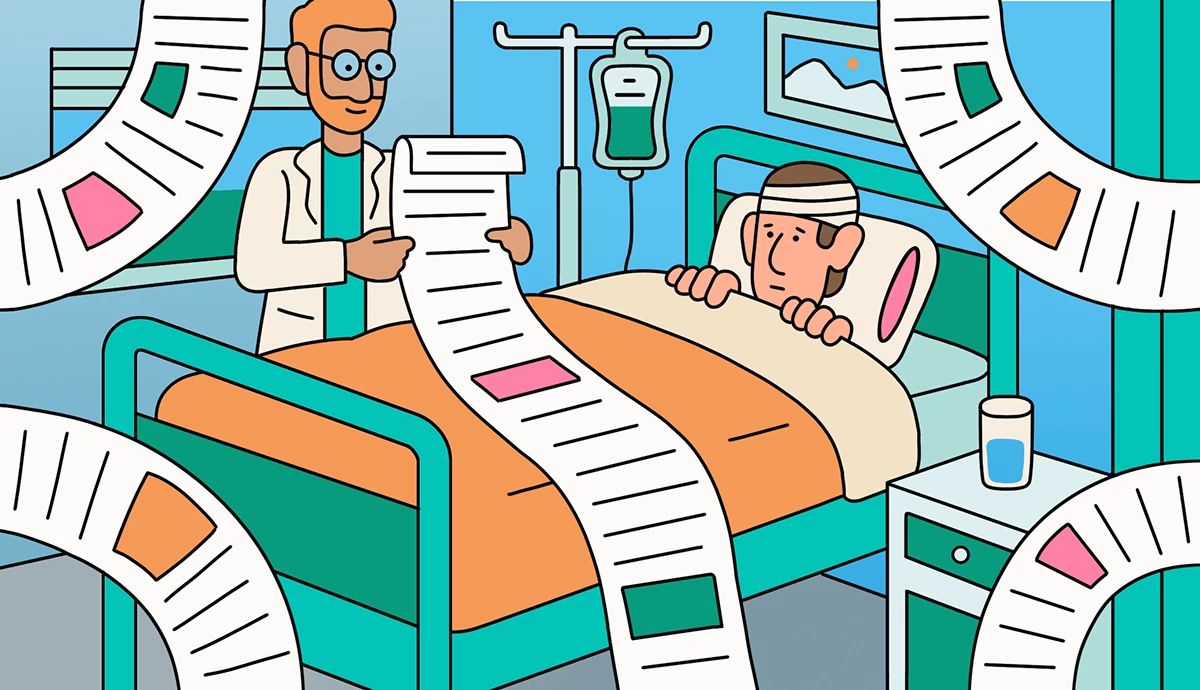 cartoon image of a doctor reviewing a long list over a patient in a hospital bed