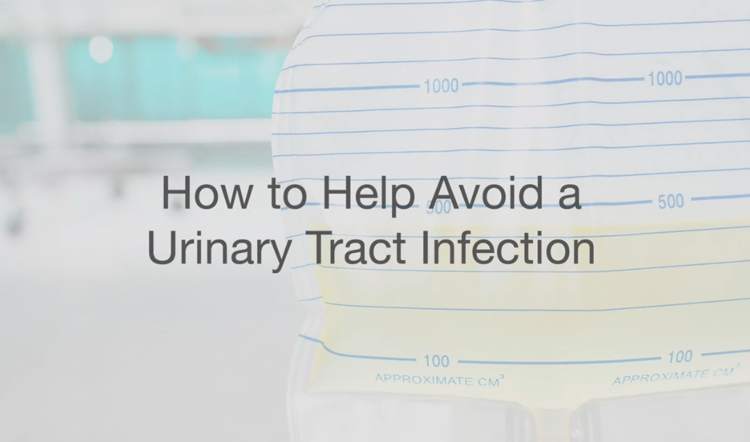 Close-up of a urine collection container with measurement markings and sample inside, with overlaid text reading “How to Help Avoid a Urinary Tract Infection.”