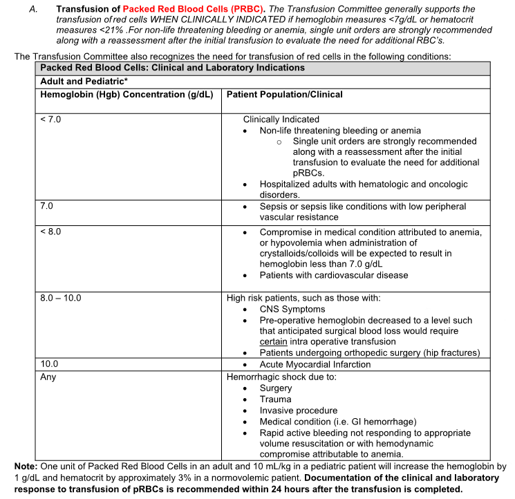 Table outlining adult and pediatric PRBC transfusion thresholds based on hemoglobin levels and clinical condition.