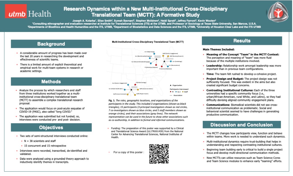 Scientific poster entitled "Research Dynamics within a New Multi-Institutional Cross-Disciplinary Translational Team (MCTT): A Formative Study," by Josepha Kotarba, et al.