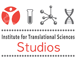 Illustration of the ITS logo, a test tube, a network node, and a DNA double helix above the words "Institute for Translational Sciences Studios"