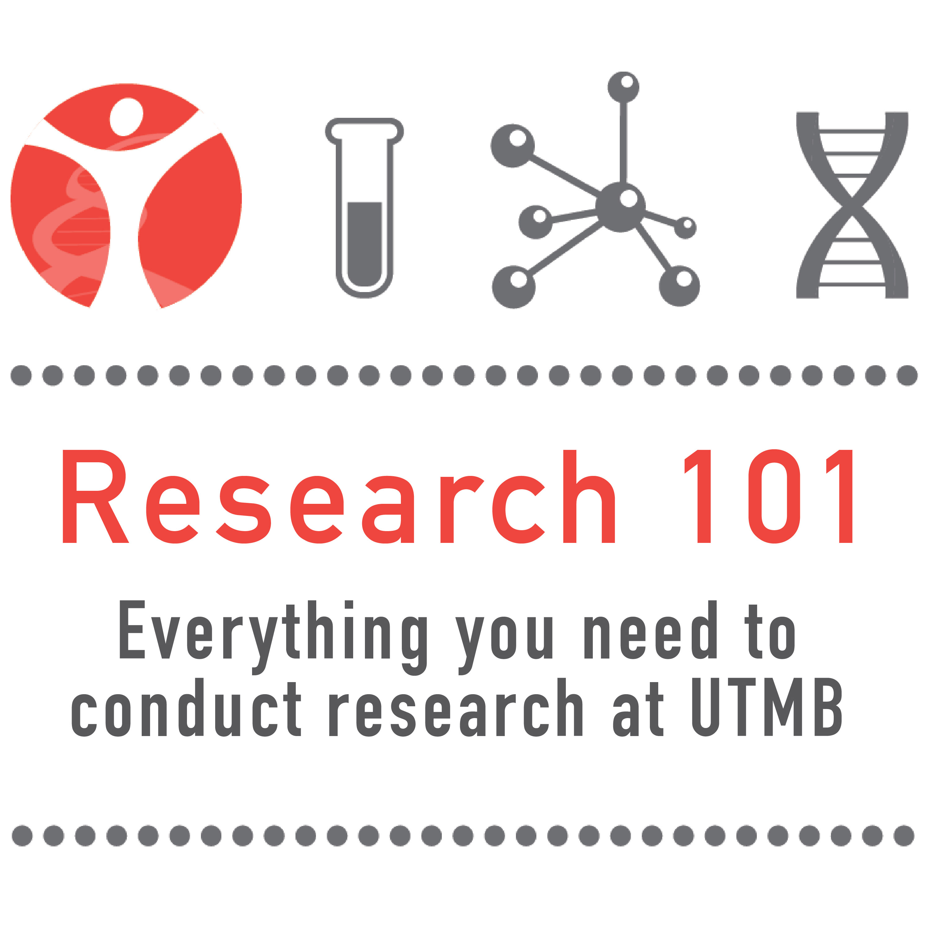 Graphic that says "Research 101, Everything you need to conduct research at UTMB"
