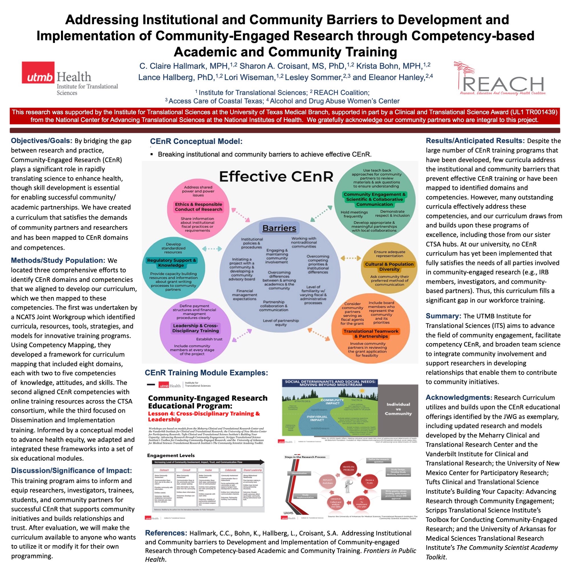 An image of a research poster entitled " Addressing Institutional and Community Barriers to Development and Implementation of Community-Engaged Research through Competency-based Academic and Community Training"