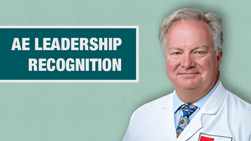 Graphic with a light teal background showing a person in a white lab coat beside a dark teal box containing the text ‘AE Leadership Recognition.’