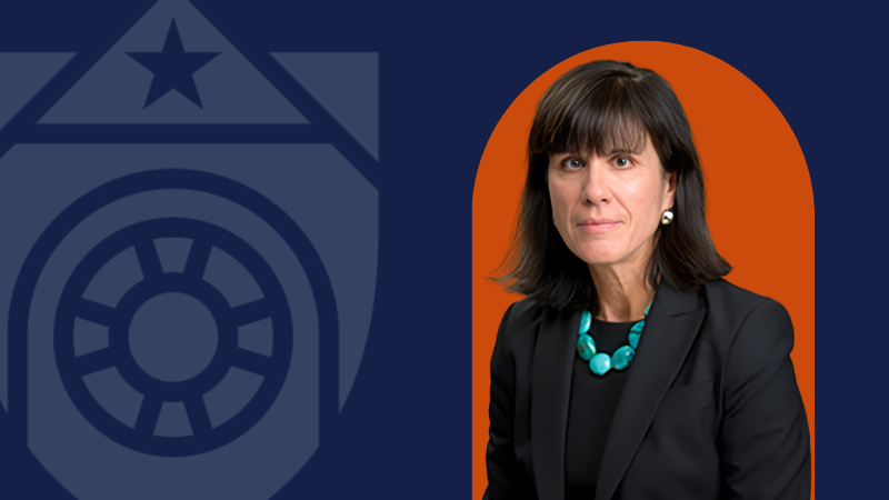 A woman on a navy graphic that features the UTMB logo and an orange backdrop directly behind her