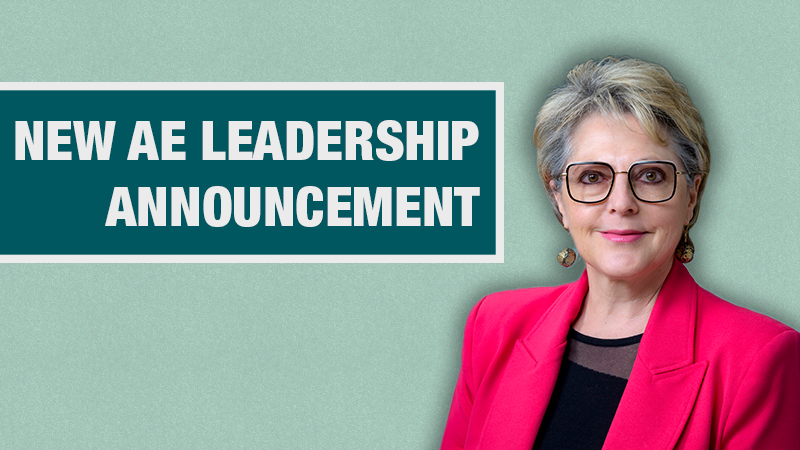 Graphic with a light teal background showing a person in a pink blazer beside a dark teal box containing the text ‘New AE Leadership Announcement.’