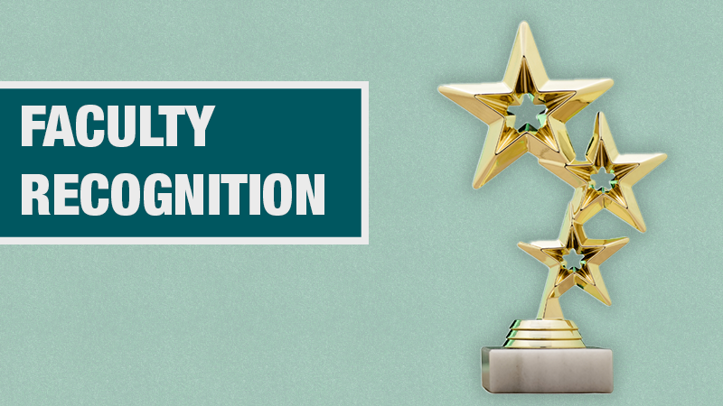 Graphic with a light teal background showing an award with 3 stars beside a dark teal box containing the text ‘Faculty Recognition.’