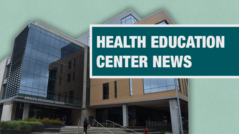 Graphic with a light teal background showing the exterior of the UTMB Health Education Center beside a dark teal box containing the text ‘Health Education Center News.’