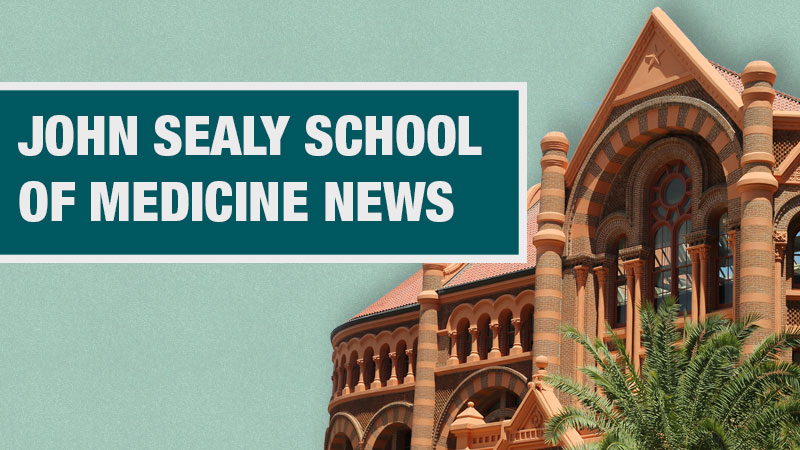 Side view of the the top of Ashbel Smith Building on a teal background with the words John Sealy School of Medicine News.