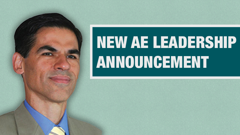 Graphic with a light teal background showing a person in a tan blazer beside a dark teal box containing the text ‘New AE Leadership Announcement.’