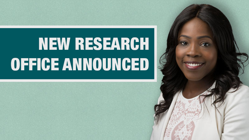 Headshot of Dr. Toyin Babarinde on a light teal background with the words "New Research Office Announced" on a dark teal banner.