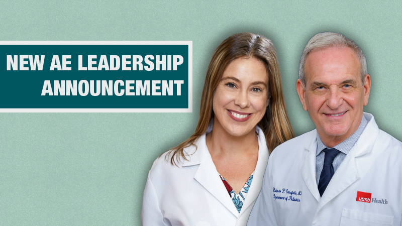 Graphic with a light teal background showing two people in white lab coats beside a dark teal box containing the text ‘New AE Leadership Announcement.’