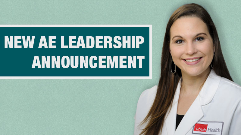Headshot of Laura Ellender on a teal background with the words "New AE Leadership Announcement" on a dark teal banner.