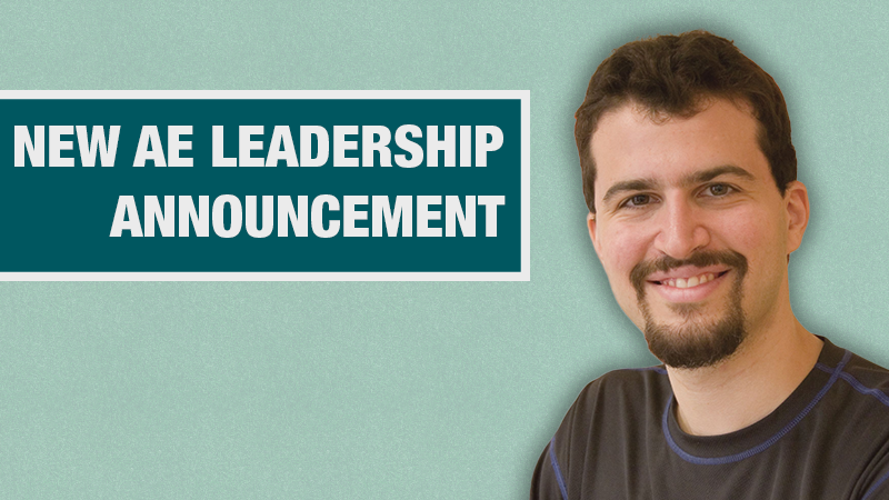 Graphic with a light teal background showing a person in a black shirt beside a dark teal box containing the text ‘New AE Leadership Announcement.’