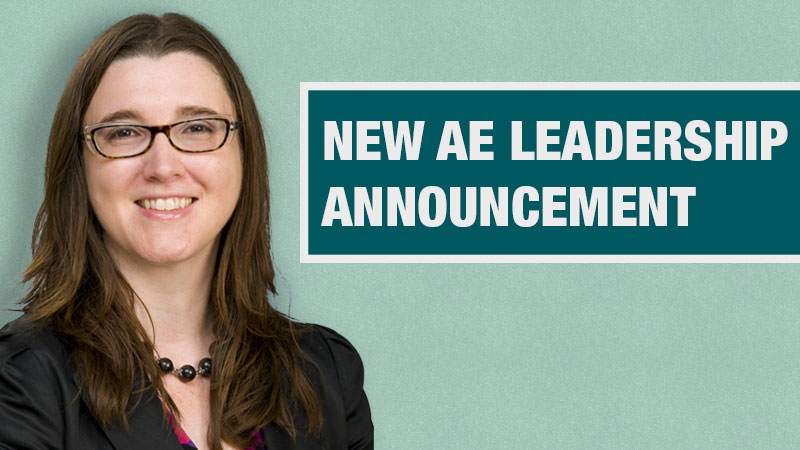 Headshot of Dr. Lyons on a light teal background with the words "New AE Leadership Announcement"