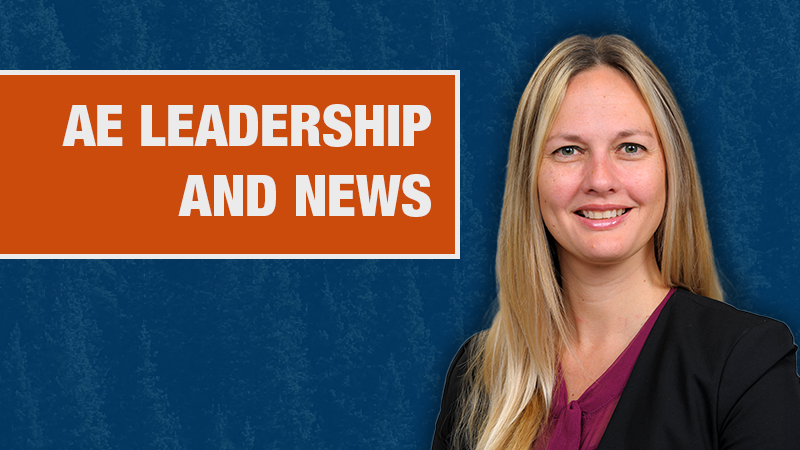 Graphic with a blue textured background showing a person in a black cardigan beside an orange box containing the text ‘AE Leadership and News.’