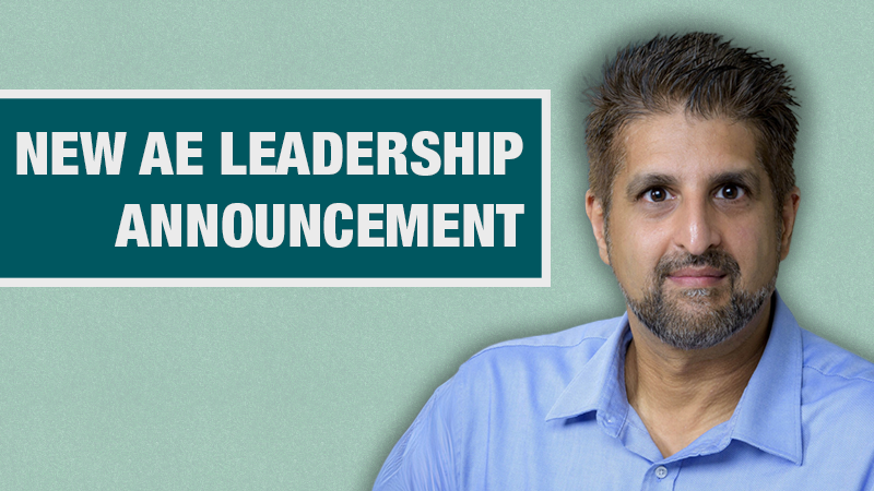 Graphic with a light teal background showing a person in a blue shirt on a dark teal box containing the text ‘New AE Leadership Announcement.’