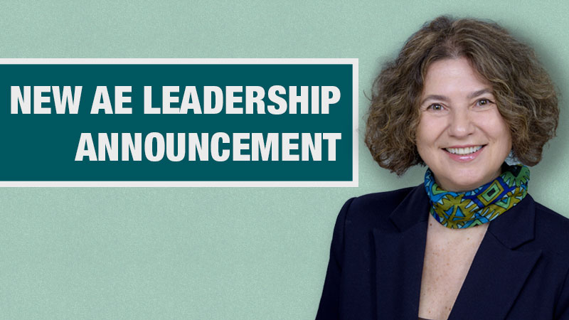 Sanja Sever on a green background with a banner saying New AE Leadership Announcement