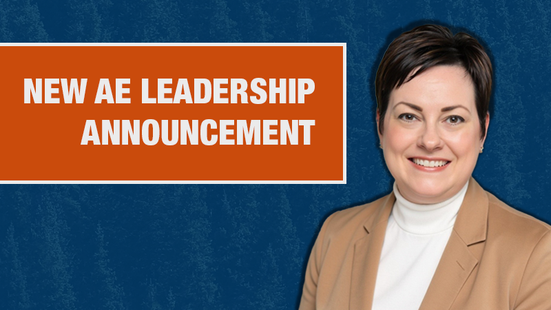 Kristen Starnes-Ott on a dark blue banner with the words "AE Leadership Announcement"