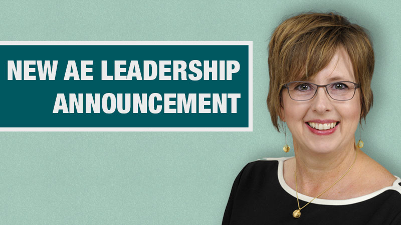 Headshot of Majka Woods on a light teal background with a banner that says "New AE Leadership Announcement"