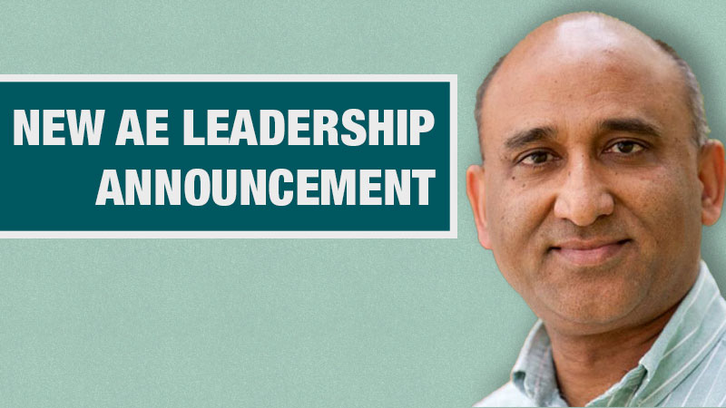 Graphic with a light teal background showing a person in a green shirt beside a dark teal box containing the text ‘New AE Leadership Announcement.’